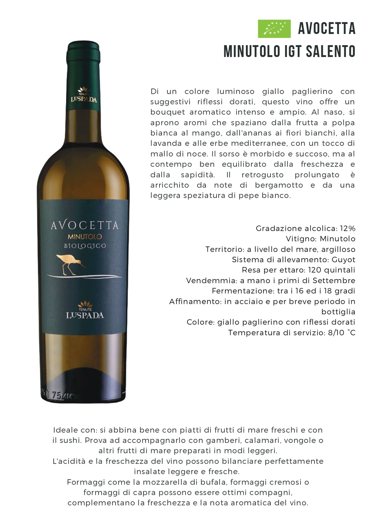 AVOCETTA - MINUTOLO SALENTO BIO IGT - 75CL - TENUTE LU SPADA